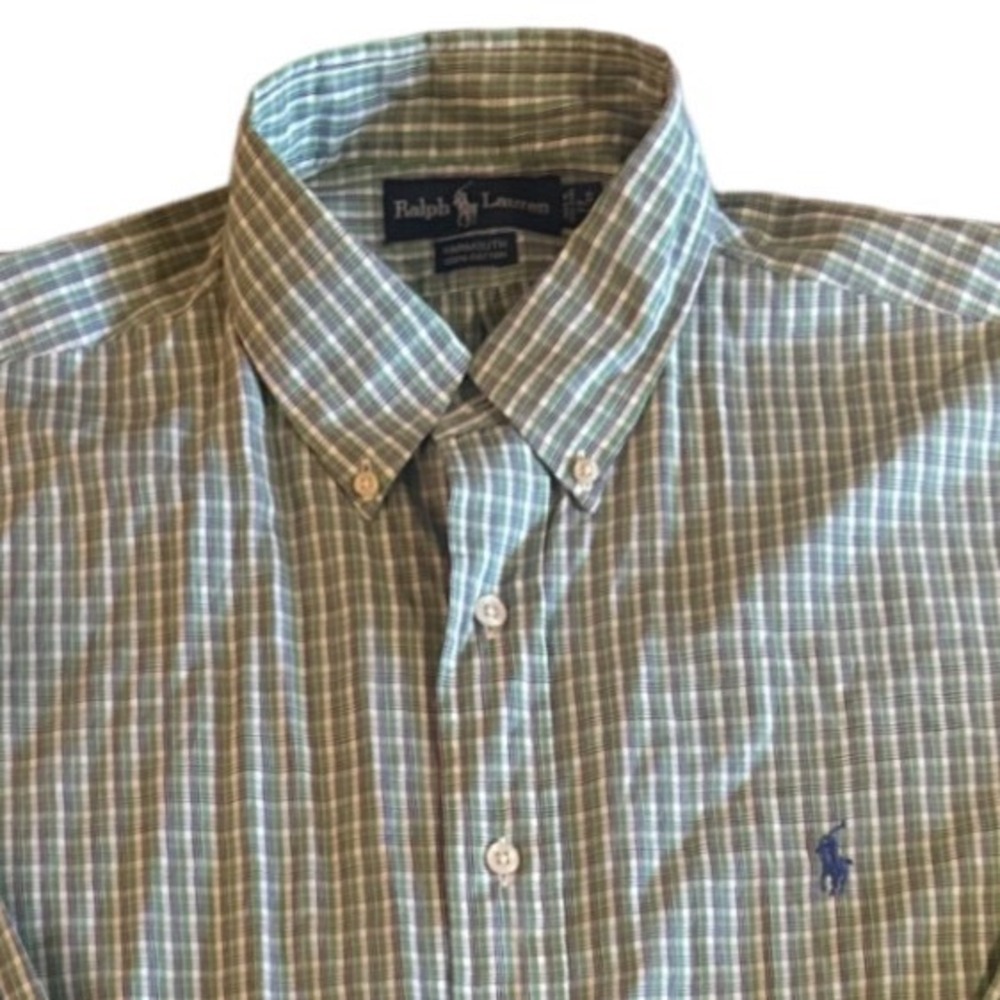 Ralph Lauren Yarmouth Mens 17 34/35 Green Plaid‎ Button Down Cotton Shirt L/S